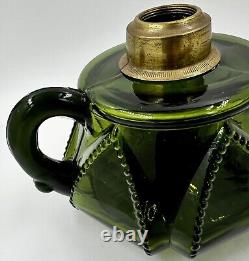 Antique QUEEN HEART Kerosene / Oil Footed Hand Lamp THURO 1-252 Deep Green Glass