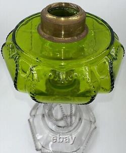 Antique QUEEN HEART Kerosene Oil Stand Lamp Green Font with Clear Stem and Base