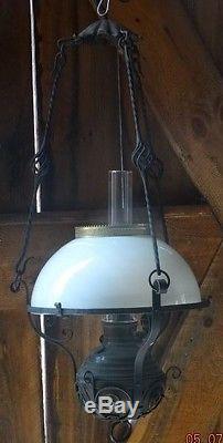 Antique RARE Bradley Hubbard B&H Black Wrought Iron RUSTIC Hanging Lamp Oil/K