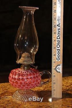 Antique RARE Nice Red Opalescent Glass Finger Oil Lamp Footed. Approx 12 1/2