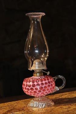 Antique RARE Nice Red Opalescent Glass Finger Oil Lamp Footed. Approx 12 1/2