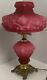 Antique RED SATIN GLASS EMBOSSED ROSES GONE WITH THE WIND PARLOR BANQUET LAMP