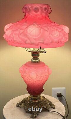 Antique RED SATIN GLASS EMBOSSED ROSES GONE WITH THE WIND PARLOR BANQUET LAMP