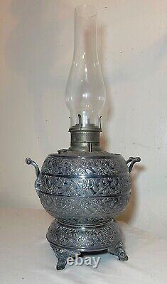 Antique R&H ornate 1800's silverplate Victorian glass oil table parlor lamp