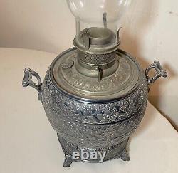 Antique R&H ornate 1800's silverplate Victorian glass oil table parlor lamp