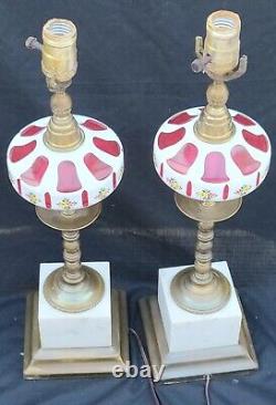 Antique Rare 1800s Boston Sandwich Moorish Cranberry Glass Overlay Oil Lamps