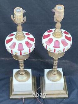 Antique Rare 1800s Boston Sandwich Moorish Cranberry Glass Overlay Oil Lamps