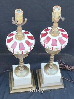 Antique Rare 1800s Boston Sandwich Moorish Cranberry Glass Overlay Oil Lamps