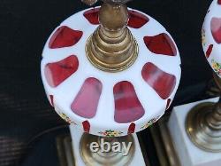 Antique Rare 1800s Boston Sandwich Moorish Cranberry Glass Overlay Oil Lamps