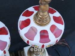 Antique Rare 1800s Boston Sandwich Moorish Cranberry Glass Overlay Oil Lamps