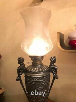 Antique Rare Amazing Beautiful Kerosene Oil Lamp 2 Antique Glass Shades