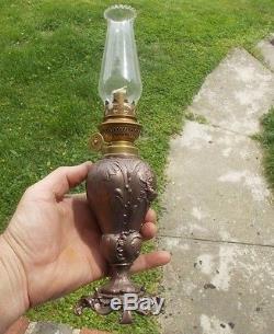 Antique Rare Art Nouveau Gaudard French Spelter Metal Oil Lamp Emb Bird Nests