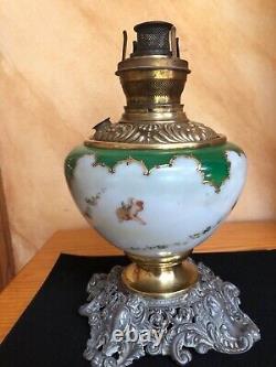 Antique, Rare, Brass Oil font, pewter base, ROYAL P&A, Cherub Kerosene Lamp