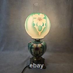 Antique Rare GWTW Table Parlor Oil Lamp Electrified Painted Floral Melon Shape