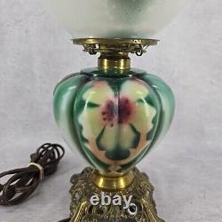 Antique Rare GWTW Table Parlor Oil Lamp Electrified Painted Floral Melon Shape