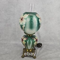 Antique Rare GWTW Table Parlor Oil Lamp Electrified Painted Floral Melon Shape