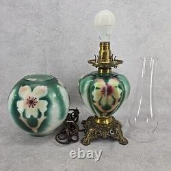 Antique Rare GWTW Table Parlor Oil Lamp Electrified Painted Floral Melon Shape