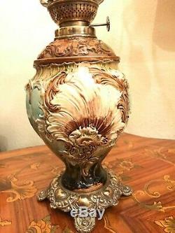 Antique Rare German Majolica Oil Kerosene Lamp