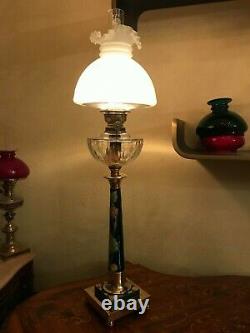 Antique Rare Majolica Kerosene Oil Lamp w. Matador Brenner German Antique Glass