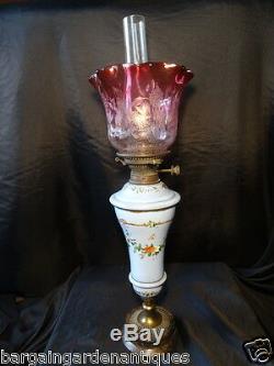 Antique Rare Museum Original Hinks Glass No 2 Duplex Oil Lamp & Cranberry Shade