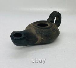 Antique Rare Roman Terracotta Oil Lamp Black Clay Handmade Ornate Art Decor 33