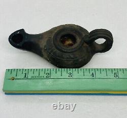 Antique Rare Roman Terracotta Oil Lamp Black Clay Handmade Ornate Art Decor 33