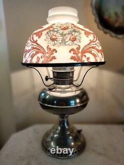 Antique Rayo Electrified Oil Lamp Nickel Hand Painted Shade Functioning Wick