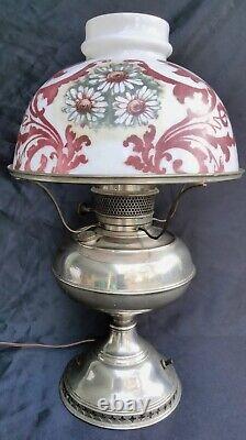 Antique Rayo Electrified Oil Lamp Nickel Hand Painted Shade Functioning Wick