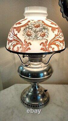 Antique Rayo Electrified Oil Lamp Nickel Hand Painted Shade Functioning Wick