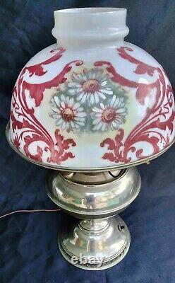 Antique Rayo Electrified Oil Lamp Nickel Hand Painted Shade Functioning Wick