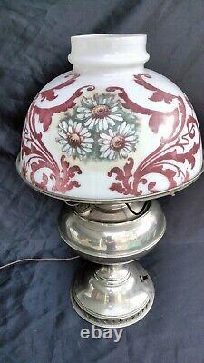 Antique Rayo Electrified Oil Lamp Nickel Hand Painted Shade Functioning Wick