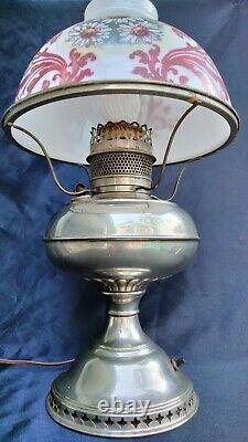 Antique Rayo Electrified Oil Lamp Nickel Hand Painted Shade Functioning Wick