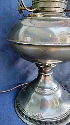 Antique Rayo Electrified Oil Lamp Nickel Hand Painted Shade Functioning Wick