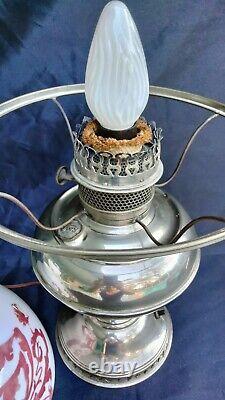 Antique Rayo Electrified Oil Lamp Nickel Hand Painted Shade Functioning Wick