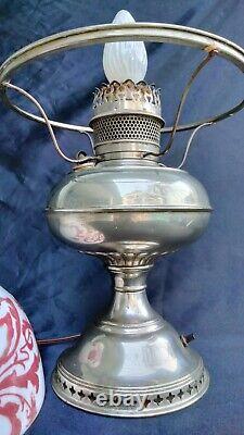 Antique Rayo Electrified Oil Lamp Nickel Hand Painted Shade Functioning Wick