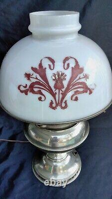 Antique Rayo Electrified Oil Lamp Nickel Hand Painted Shade Functioning Wick