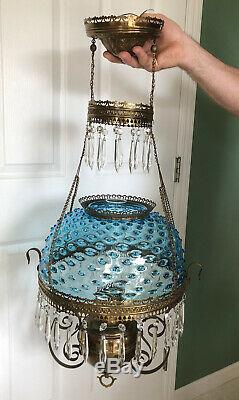 Antique Rayo Hanging Oil Lamp Blue Hobnail Shade (Rayo By Bradley & Hubbard)