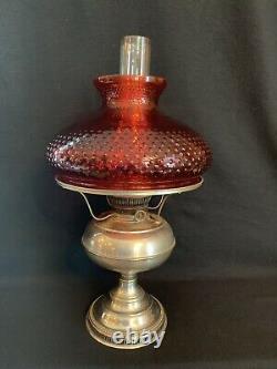 Antique Rayo Nickel Oil Lamp With Red Hobnail Shade