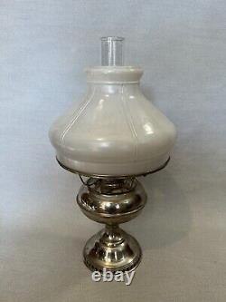 Antique Rayo Nickel Plated Oil Lamp withOpal Glass Shade, 21 Tall, 11 1/2 Wide