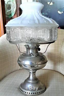 Antique Rayo Victorian Nickel Kero Oil Lamp, Original Aladdin Shade/Chimney