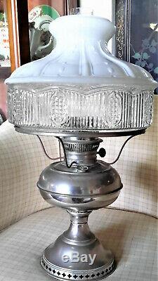 Antique Rayo Victorian Nickel Kero Oil Lamp, Original Aladdin Shade/Chimney