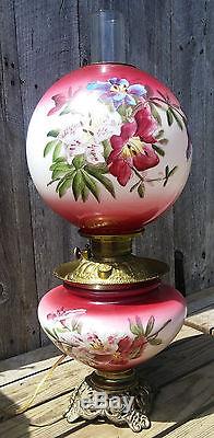 Antique Red GWTW Electrified Oil Lamp withHand Painted Lily Flowers on Base, Globe