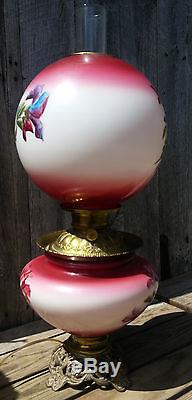 Antique Red GWTW Electrified Oil Lamp withHand Painted Lily Flowers on Base, Globe