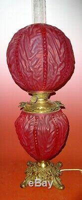 Antique Red Satin Bead And Drape Gwtw Banquet Oil Lamp