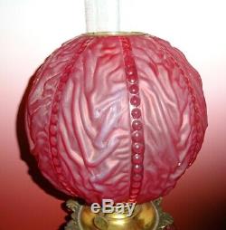 Antique Red Satin Bead And Drape Gwtw Banquet Oil Lamp