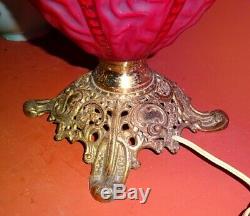 Antique Red Satin Bead And Drape Gwtw Banquet Oil Lamp