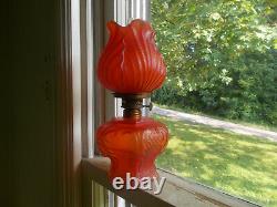 Antique Red Satin Glass 6 Sided Oil Lamp With Matching Red Satin Tulip Shade