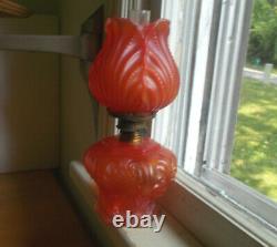 Antique Red Satin Glass 6 Sided Oil Lamp With Matching Red Satin Tulip Shade