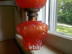 Antique Red Satin Glass 6 Sided Oil Lamp With Matching Red Satin Tulip Shade