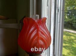 Antique Red Satin Glass 6 Sided Oil Lamp With Matching Red Satin Tulip Shade